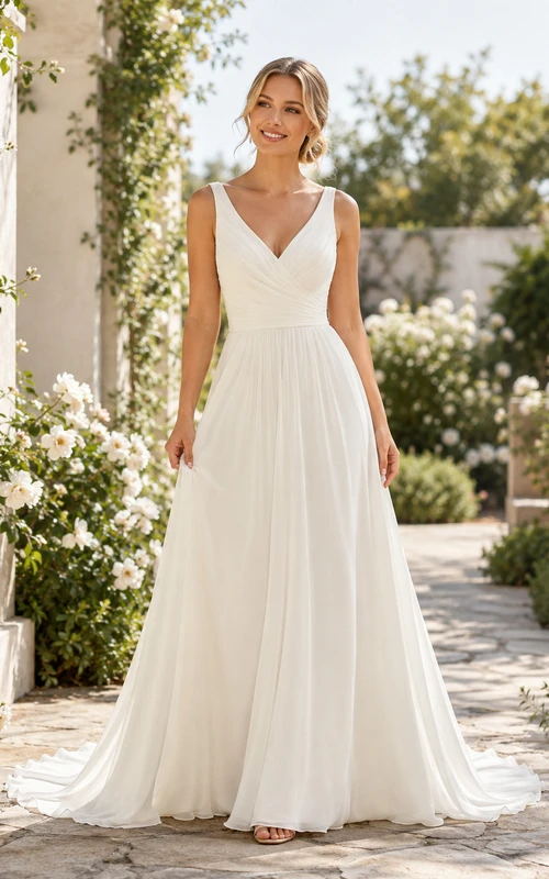Chiffon-Hochzeitskleid, A-Linie, V-Ausschnitt, ärmellos, Kapellenschleppe, tiefer V-Ausschnitt am Rücken