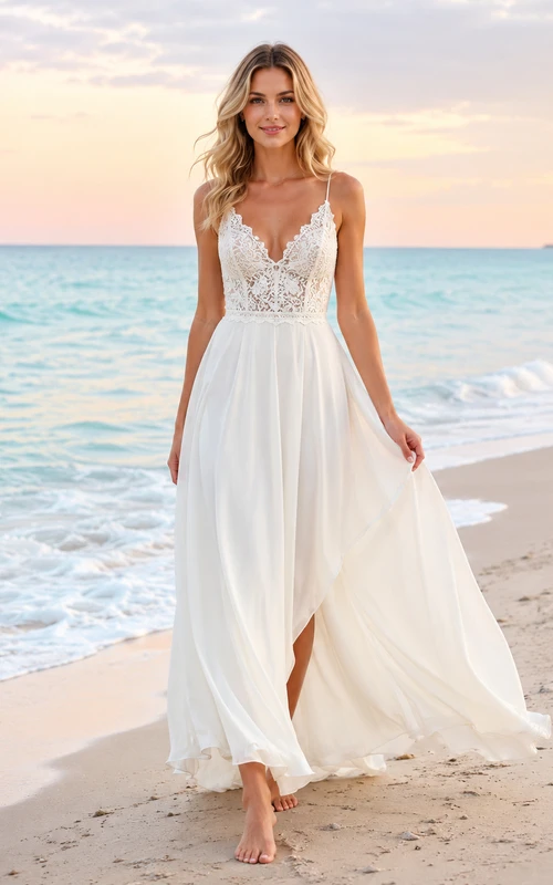 Robe de mariée fendue en mousseline et corsage en dentelle pour petite plage