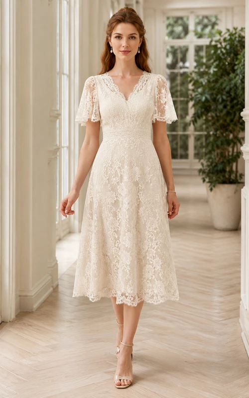 Cream Lace V Neck Short Sleeve A Line Tea Dress