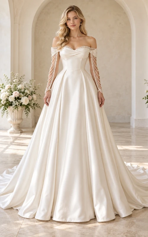 Vestido de novia romántico de satén con mangas largas, escote corazón, escote corazón y detalles de cuentas, corte en A, largo hasta el suelo