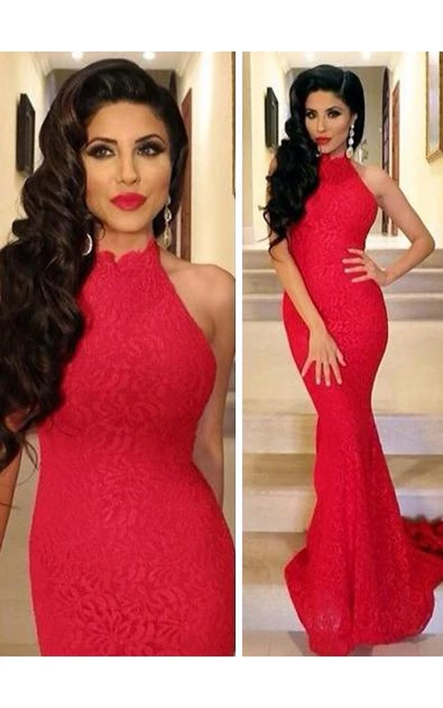 Sexy Meerjungfrauen-Abendkleid aus Spitze, rot, hochgeschlossen, ärmellos