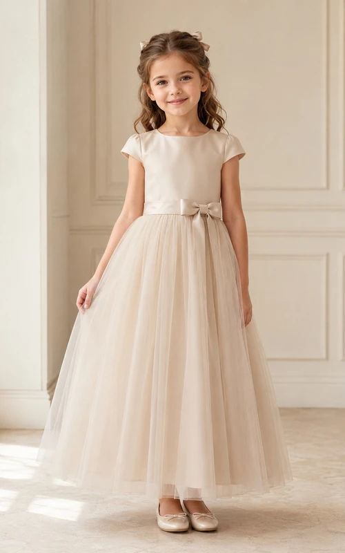 Vestido de niña de las flores, color champán, tul, corte en A, manga corta, cuello joya, largo hasta el suelo, detalle de fajín.