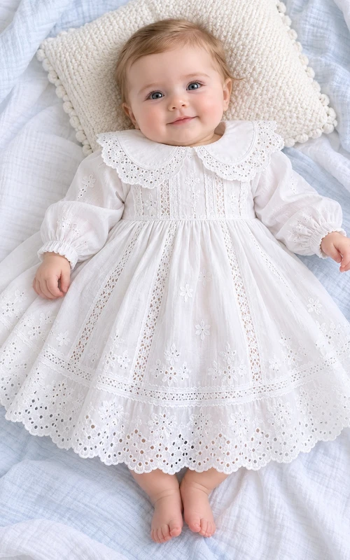 Long Sleeve White Rounded Collar Eyelet Lace Panel Baptism Dress