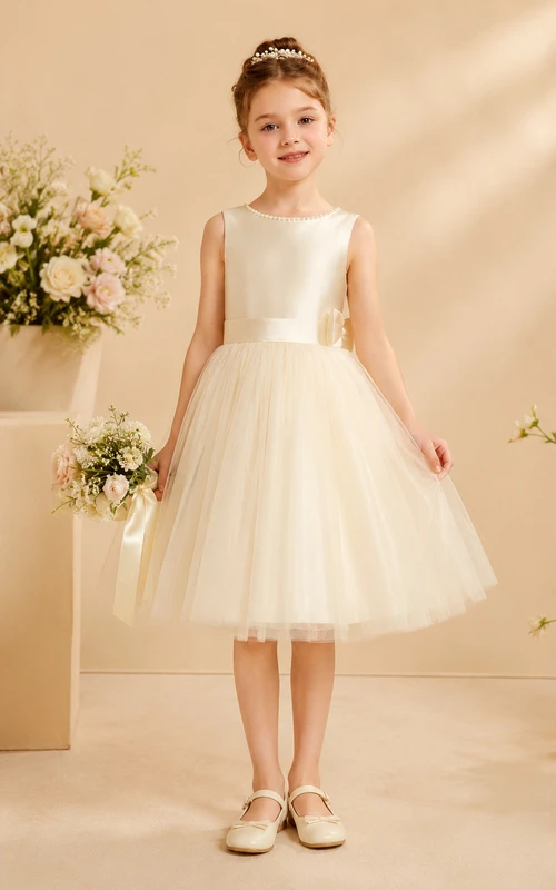 Ivory Tea-Length A-Line Satin Flower Girl Dress with Bow Sash