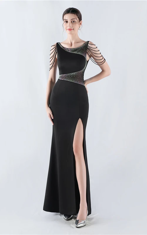 Heavy Hot Diamonds For Transparent Mesh High-Slit Satin Evening Dress Annual Meeting Wedding