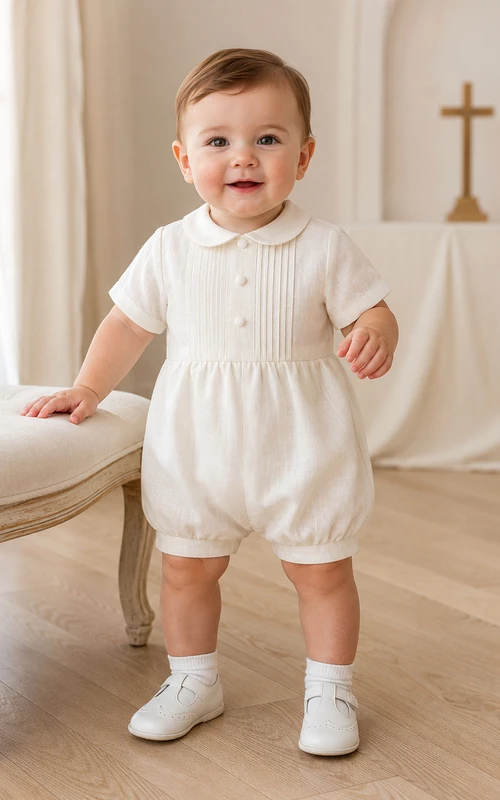 Ivory Narrow Pintuck Peter Collar Short Sleeve Baptism Bubble Romper for Baby Boy