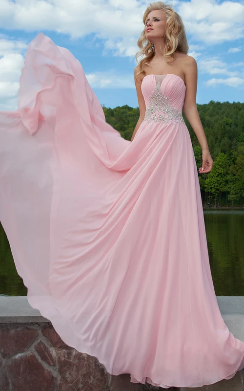 Robe de bal longue en mousseline de soie sans manches, froncée et sans bretelles, ornée de perles