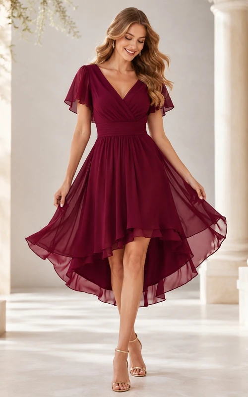 Elegantes, burgunderrotes Chiffon-Cocktailkleid mit V-Ausschnitt, kurzen Ärmeln und asymmetrischem Saum