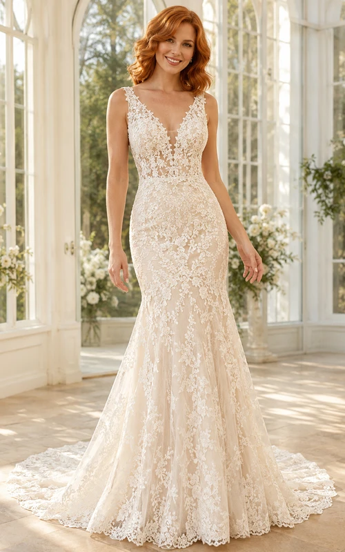Lace Tulle Wedding Dress Mermaid Spaghetti Strap Chapel Train Bridal Gown