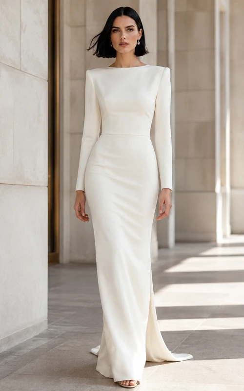 Robe de mariée fourreau simple en crêpe à col montant et manches longues, style court