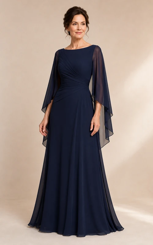 Dunkelblaues Chiffon-Kleid in A-Linie mit U-Boot-Ausschnitt und Cape-Ärmeln