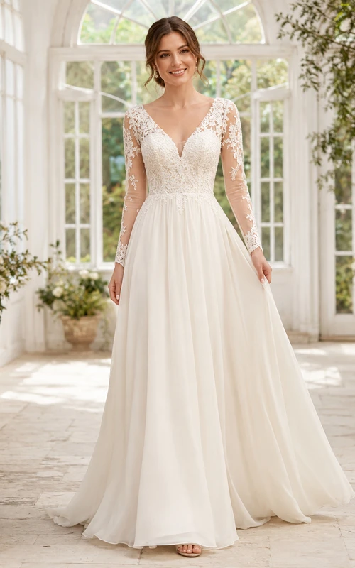 Robe de mariée romantique en mousseline de soie, coupe trapèze, décolleté plongeant en V et manches longues en dentelle.