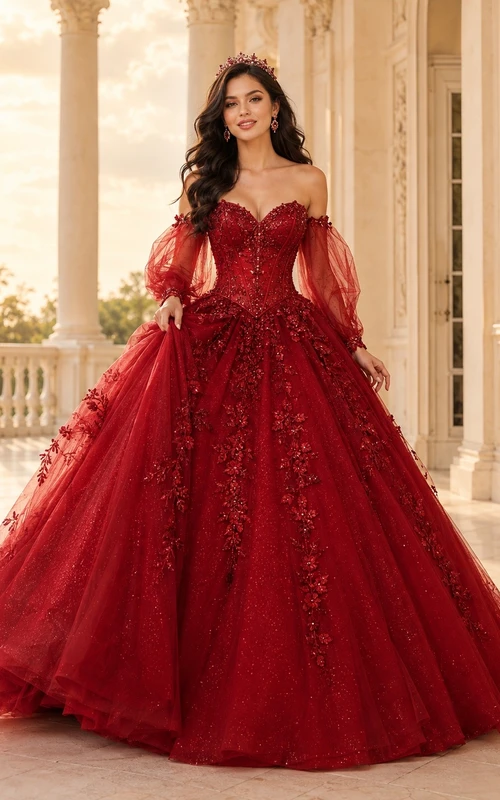 Rotes schulterfreies, langärmeliges, spitzenbesticktes Quinceañera-Ballkleid