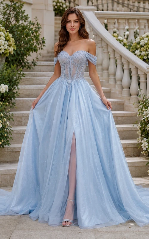 Sky Blue Off-Shoulder Pleated Tulle Ball Gown Split Sweep Prom Dress
