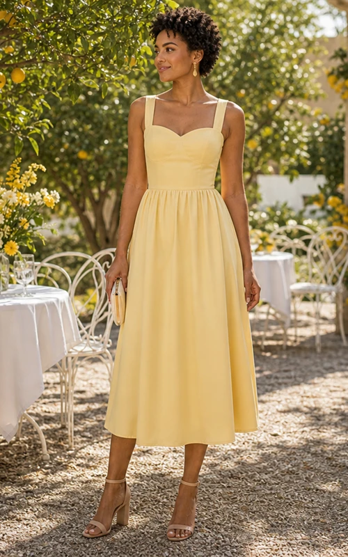 Vestido de invitada de corte A, cuello cuadrado y largo hasta la rodilla en color narciso.