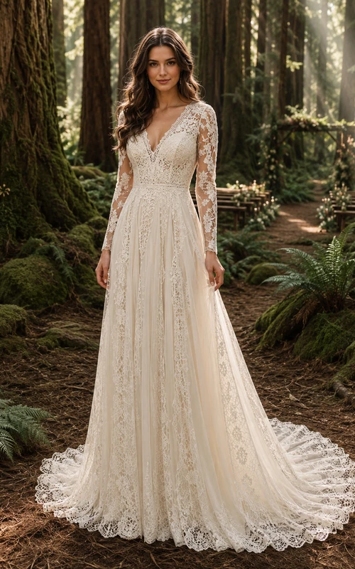V Neck Long Sleeve Lace Woodland Bridal Gown