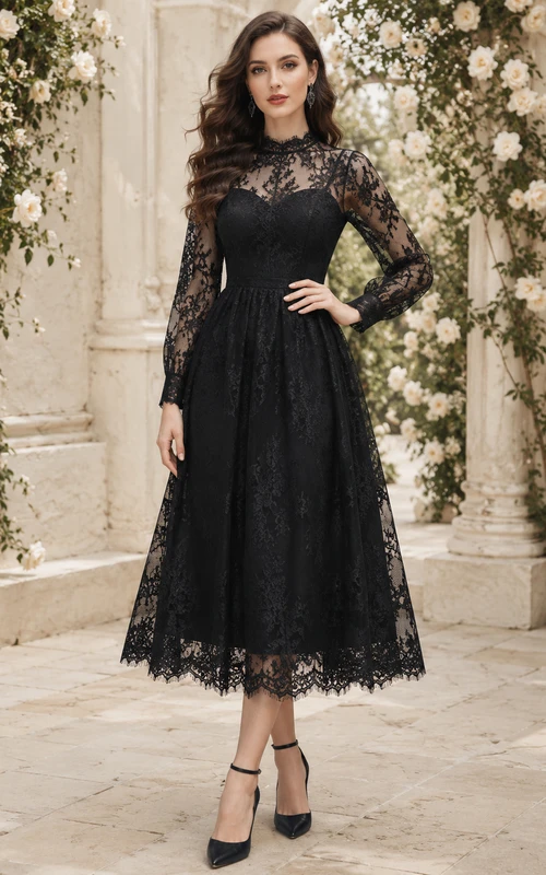Vestido midi negro de manga larga con encaje ilusión y cuello alto para invitadas