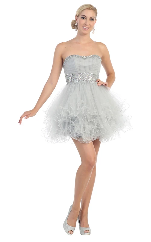 Kurzes, trägerloses A-Linien-Kleid aus Tüll mit Schnürung, Rüschen und Taillenschmuck