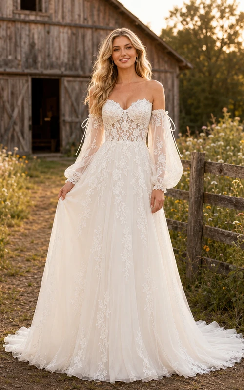 Robe de mariée champêtre en tulle et dentelle, coupe trapèze, épaules dénudées, manches longues, traîne chapelle
