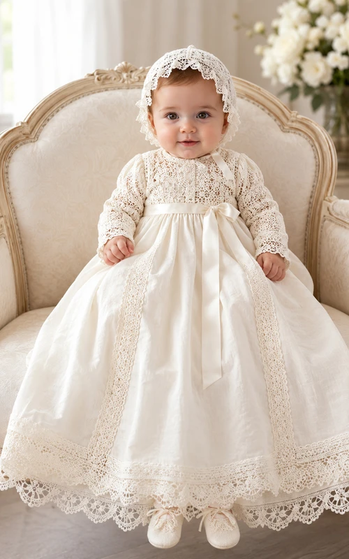 Vestido de bautizo de bebé de encaje de ganchillo, corte A, manga larga, cuello alto, elegante y vintage.