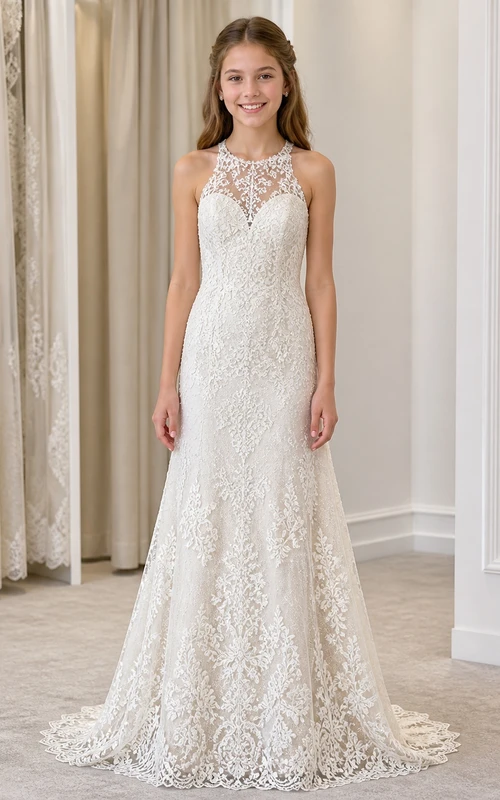 Modern Flower Girl Floor-length Mermaid Halter Lace Sleeveless Gown
