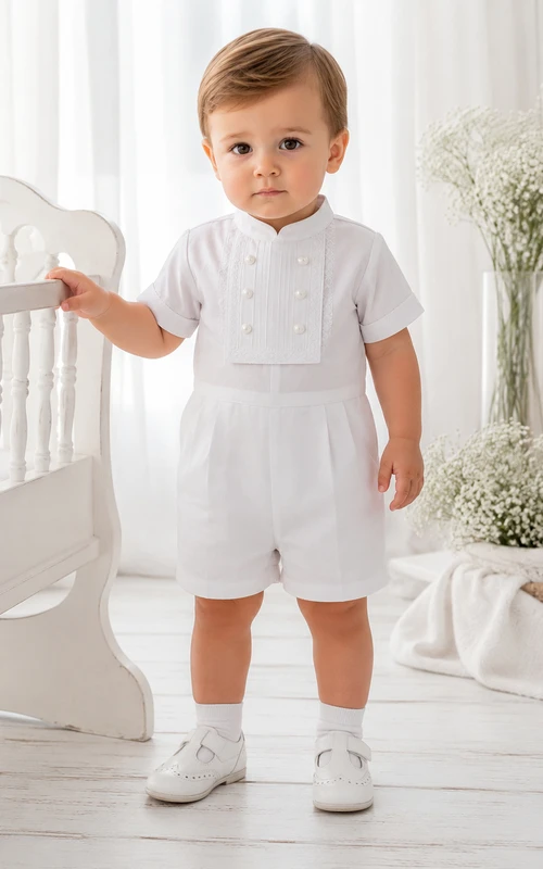 White Stand Collar Button Bib Short Sleeve Christening Romper for Baby Boy