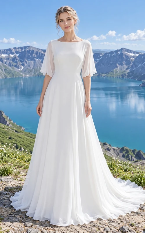 Vestido de novia sencillo y modesto de gasa con escote barco y mangas cortas, corte en A