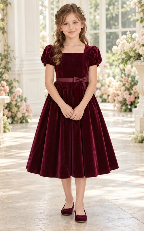 Vestido de niña de flores de terciopelo burdeos, corte en A, largo hasta la rodilla, escote cuadrado, mangas abullonadas, con fajín de satén y lazo.