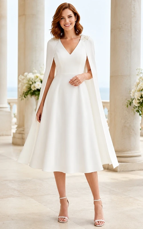 Bridal Satin V-Neck Long Sleeve Cape Tea Length Wedding Dress