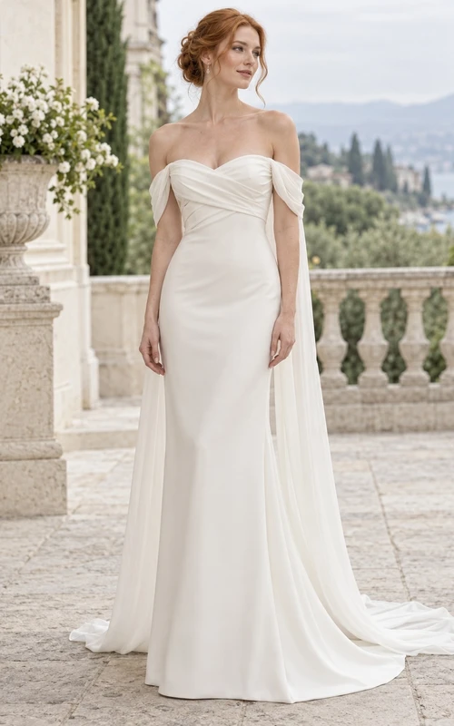 Vestido de novia sencillo de crepé drapeado largo hasta el suelo con escote corazón y hombros descubiertos.