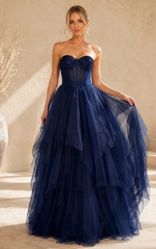 Dark Navy Strapless Layered Tulle Ball Gown Prom Dress