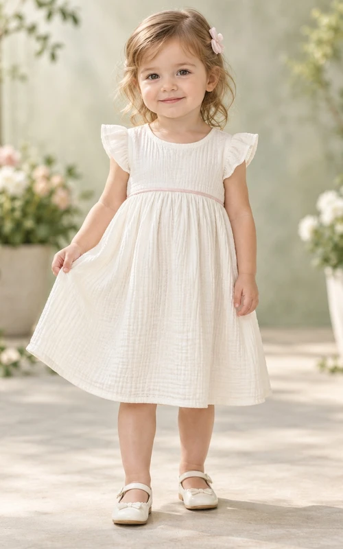 Simple Modest Ivory Knee Length Empire Pink Piped Compact Flutter Sleeve Flower Girl Dress