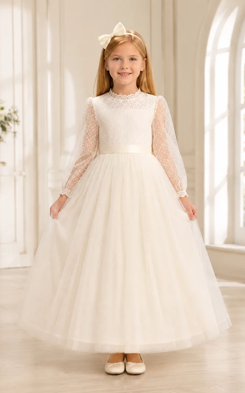 Robe de demoiselle d'honneur en dentelle ivoire et tulle, coupe trapèze, manches longues, col rond, longueur midi