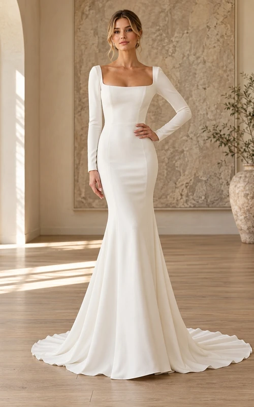 Simple Square Neck Long Sleeve Mermaid Minimalist Wedding Dress