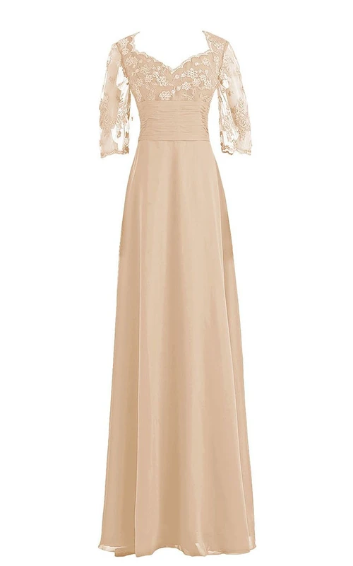 Robe longue à manches 3-4 en dentelle et taille froncée