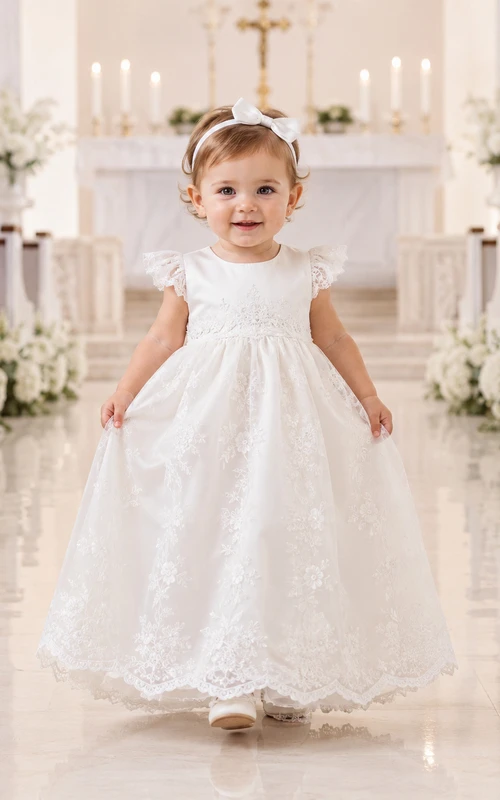 Robe de baptême bébé trapèze à manches courtes et application de dentelle, longueur thé