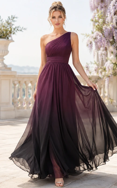 Vestido largo de invitada de gasa degradada con un solo hombro color ciruela