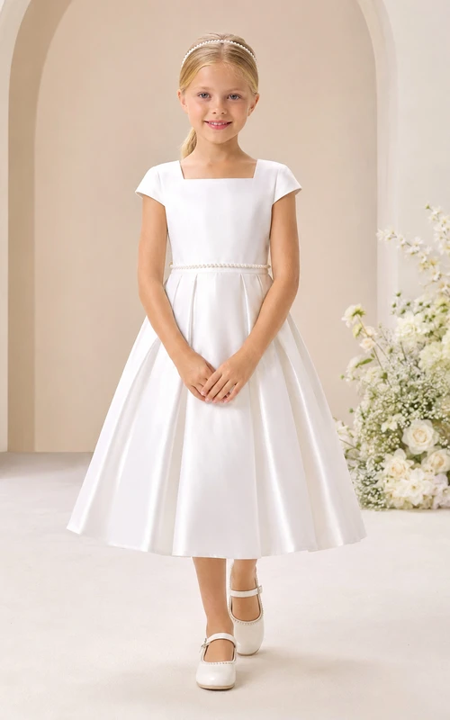 Vestido de satén de manga corta con cuello cuadrado para niña de las flores, largo hasta la rodilla, ideal para la comunión.