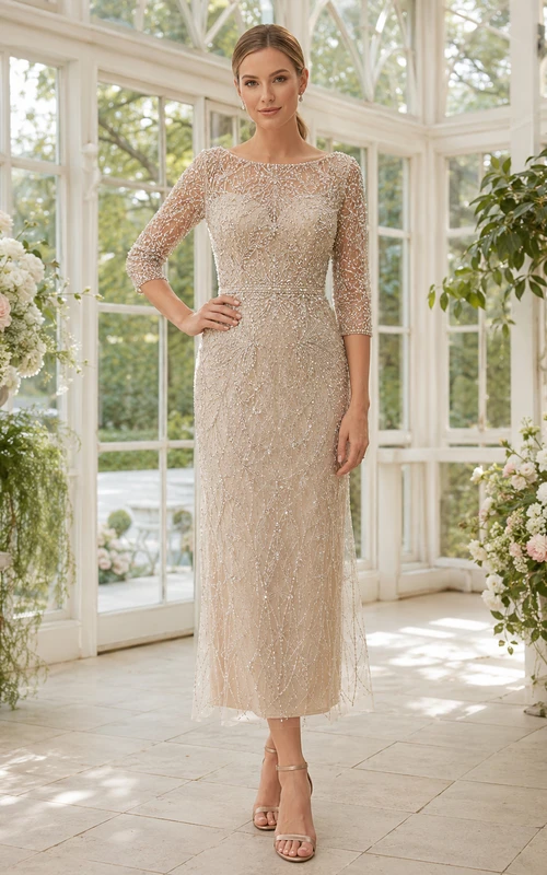 Vestido de invitada ajustado con mangas tres cuartos y detalles de cuentas, estilo barco color champán.