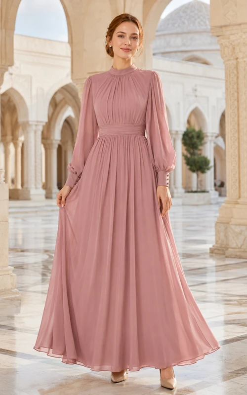 Blush High Neck Long Sleeve Pleated Modest Maxi Dress