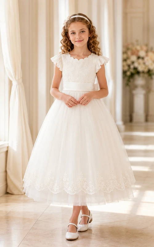 Weißes Kommunionsballkleid aus Spitze und Tüll mit Herzausschnitt, kurzen Ärmeln