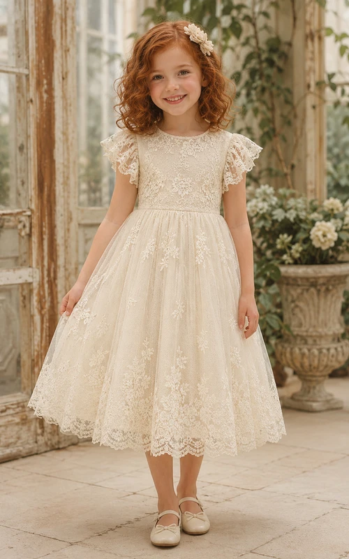 Robe de demoiselle d'honneur en dentelle ivoire, coupe trapèze, manches courtes, col rond, longueur midi