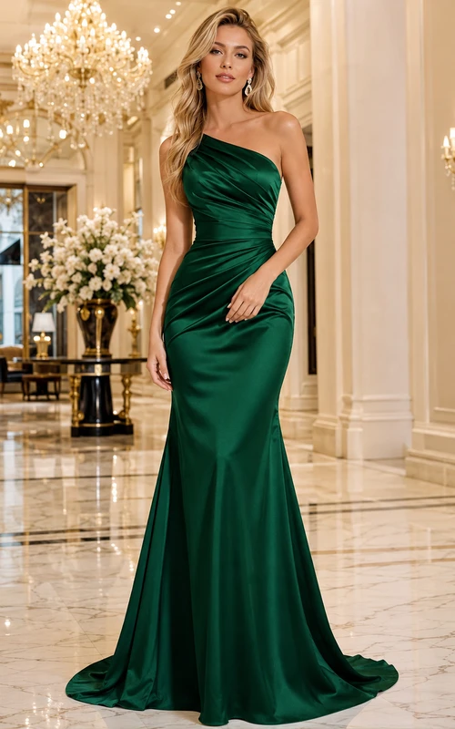 Robe de soirée sirène en satin vert foncé à une épaule