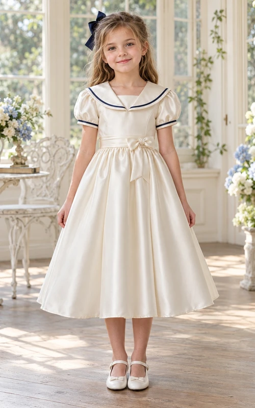 Vestido de niña de flores vintage color marfil, corte en A, satén, mangas abullonadas, cuello marinero y ribete azul marino.