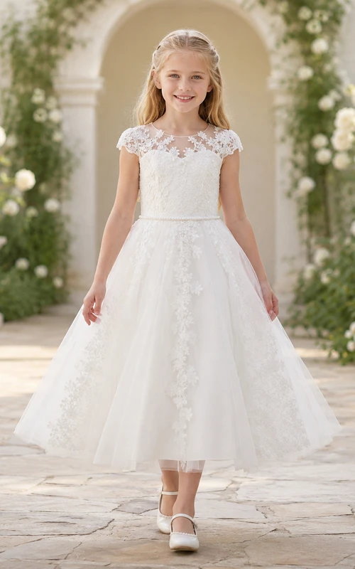 Weißes Kommunionskleid mit Illusionsspitze, kurzen Ärmeln und Teelänge, Blumenmädchenkleid