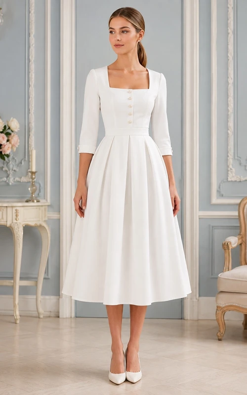 Weißes, schlichtes, teelanges A-Linien-Kleid mit eckigem Ausschnitt und Dreiviertelärmeln
