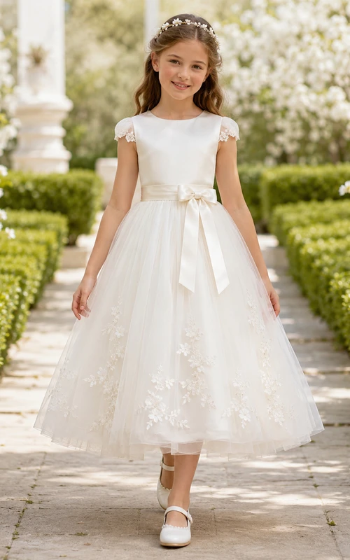 Vestido de tul de manga corta con apliques florales para primera comunión, ideal para niñas de las flores. Largo hasta la rodilla.
