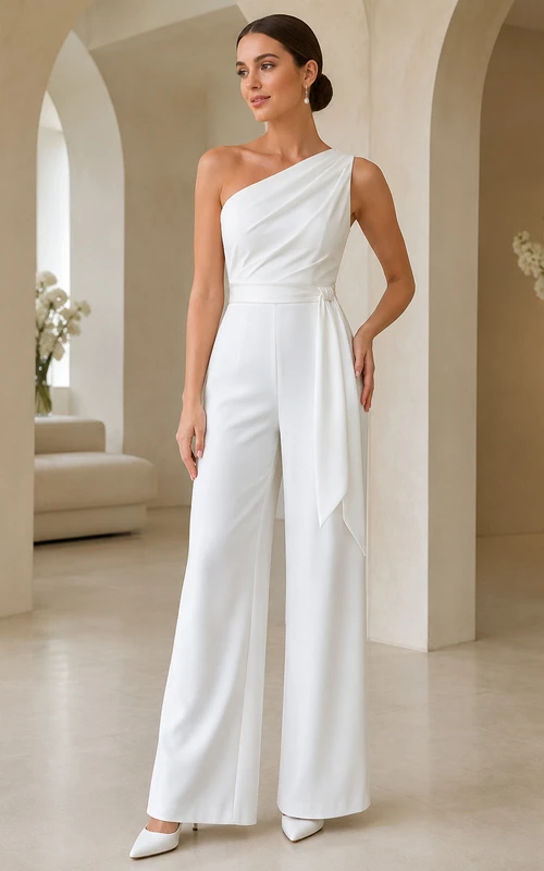 Combinaison chic asymétrique en satin à jambes larges et fronces, à une épaule, pour mariage civil