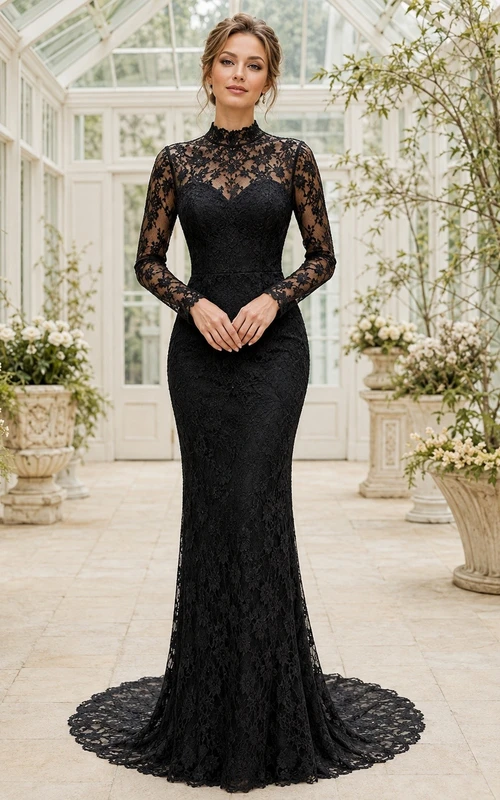 Black Lace High Neck Long Sleeve Mermaid Sweep Train Evening Gown