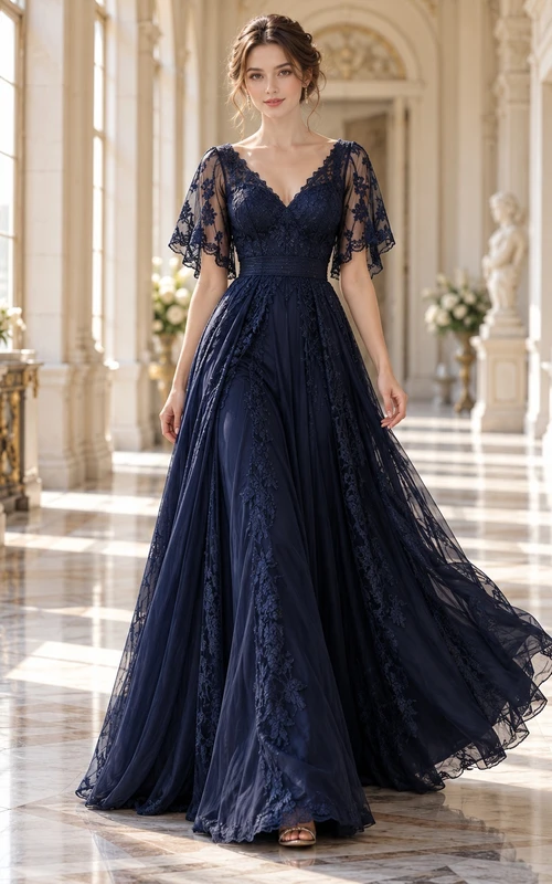 Dark Navy Gothic V-neck Flutter Sleeve Lace Evening Gown